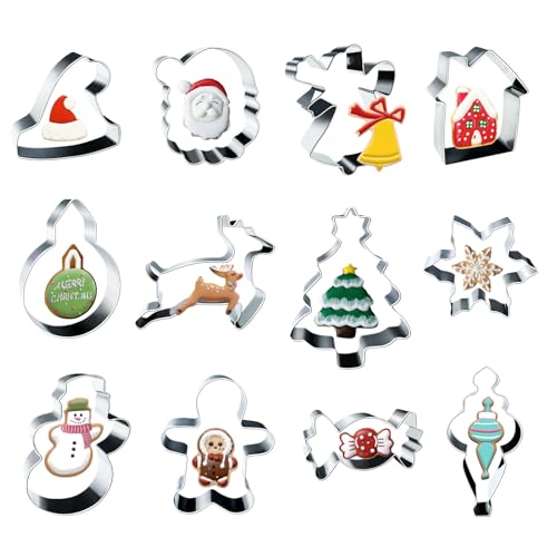 12 Stück Ausstechformen Weihnachten Edelstahl Plätzchenausstecher Keksausstecher Weihnachten Keksformen Rentier,Lebkuchenmann,Schneeflocke Ausstecher Set für Backen Torten Fondant Kekse