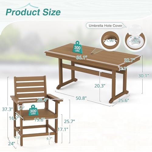 Homenjoy 7 Piece Patio Dining Set, 66" Rectangle HDPS Weather Resistant Outdoor Table & 6 Patio Chairs Set with 1.96" Umbrella Hole, Heavy Duty Chairs for Backyard Balcony Deck, Brown — view 2
