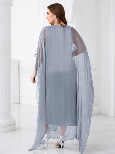 Image of Plus Size Sparkly Formal Evening Gown Sequin Cape Overlay Mother of Bride Dress Wedding Guest Cocktail Party