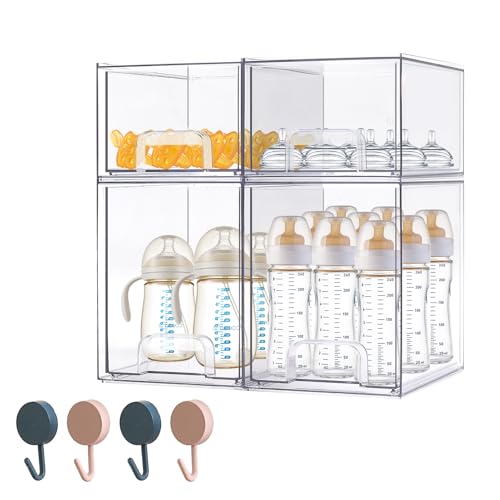 Image of zebrater Baby Bottle Organizer-4 Pack Stackable Storage Drawers, Baby Organizers and Storage with Hooks, Clear Acrylic Multipurpose Bottle Storage for Countertop,Kitchen,Cabinet,Vanity,Bathroom