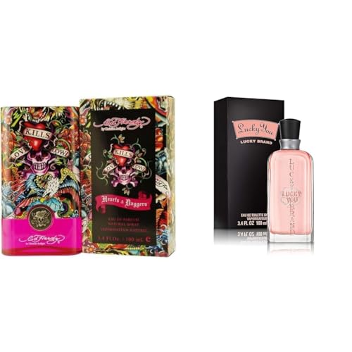 Ed Hardy Women’s Perfume Fragrance by Christian Audigier, Eau De Parfum, Hearts & Daggers, 3.4 Fl Oz & LUCKY You Perfume for Women,Eau de Toilette Day or Night Spray with Fresh Flower Citrus Scent,3.4
