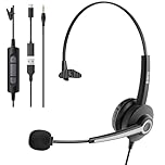 Voistek Mono Headset with Microphone for Laptop,PC Headphones with 3.5mm/USB-A/USB-C(3-in-1),Noise Cancelling Mic,In-Line Volume Control & Mute Button for Teams Zoom,Home Office,Call Centre