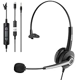Voistek Mono Headset with Microphone for Laptop,PC Headphones with 3.5mm/USB-A/USB-C(3-in-1),Noise Cancelling Mic,In-Line Volume Control & Mute Button for Teams Zoom,Home Office,Call Centre
