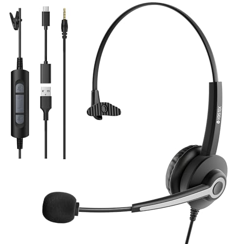 Voistek Mono Headset with Microphone for PC & Laptop,Computer Headset with 3.5mm Plug,Detachable USB-A Cable & USB-C Adapter,Noise Cancelling Mic for Tablet Smartphone Call Center Home office Teams