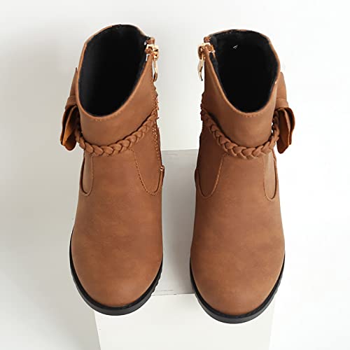 Girls Bow Decor Side Zip Western Boots Kids Ankle Boots Girls Low Heel Riding Booties with Zipper Girls Dress Booties (Brown, 7-8 Years)4
