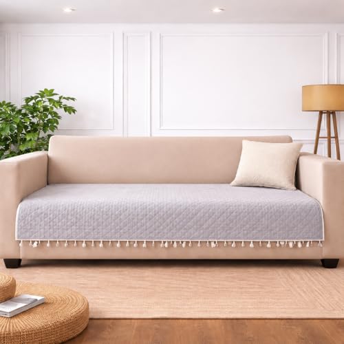 Image of DecorTwist Reversible 2-in-1 Quilted Velvet Sofa Cover with Tassels | Premium Sofa Protector for 2 & 3 Seater | Soft, Washable & Pet Friendly (Grey /Beige (Reversible), Grey /Beige (Reversible))