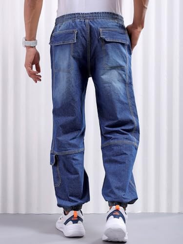 Image of The Indian Garage Co Men Loose Fit Solid Mid-Rise Stretchable Denim Joggers