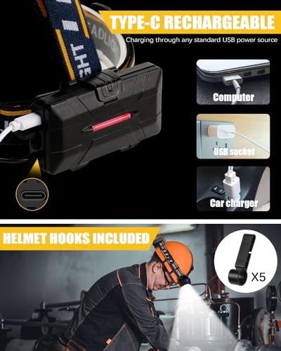 Foto von Stirnlampe, Superheller Kopflampe 18000 Lumen 8 LED 8 Modi mit Rotem Warnlicht, USB Stirnlampe Wiederaufladbare Wasserdicht, Perfekt für Arbeit, Outdoor, Camping, Wandern, Angeln