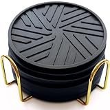 Black Coasters Set of 6 with Gold Holder, Silicone Coffee Mat Style Cup Accessories, Outdoor Coasters for Patio Table and Home Bar Decor