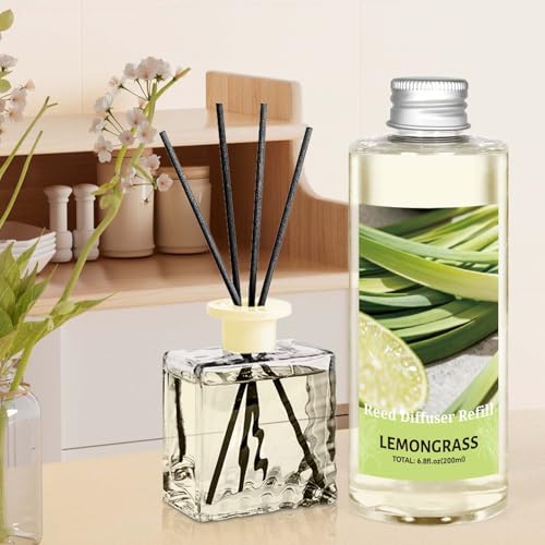 Image of STRN Reed Diffuser Essential Oil Refill, Lemongrass Scent 200ml with Sticks, Long-Lasting Aromatherapy, Summer Fragrance Liquid with Eco-Friendly Bottle for Home, Bedroom, Spa