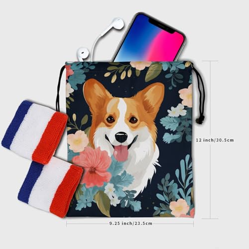 Image of Nerxy Floral Corgi Gymnastics Grip Bag - Corgi Dog Drawstring Grip Bags Puppy Shoe Bag Flowers Gym Drawstring Storage Pouch for Sports Party Favors