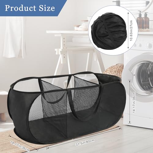 Image of Pop Up Laundry Hamper Mesh Laundry Basket, Collapsible Popup Hamper Dirty Clothes Basket with 3 Compartments, Side Pocket, Carry Handles for Home, Dorm, Bathroom, Bedroom, Travel-Black