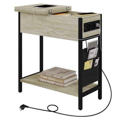 Miniatura 9 de Eugad Mesita Estrecha Con 2 Enchufes Y 2 Puertos Usb, Mesa De Sofa Con Tablero Plegable Y Bolso, Mesita Auxiliar Para Salón Y Dormitorio, Roble Claro, 0003chj