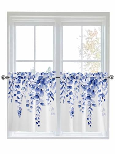 Brilaentre Navy Blue Eucalyptus Leaves Half Window Curtains 24 Inches