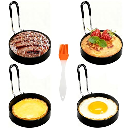 4 Moules à Œufs en Acier Inoxydable, Antiadhésifs, 3,5 Pouces avec Poignées Pliantes et Pinceau en Silicone pour Œufs au Plat, Sandwiches, Crêpes et Meatloafs
