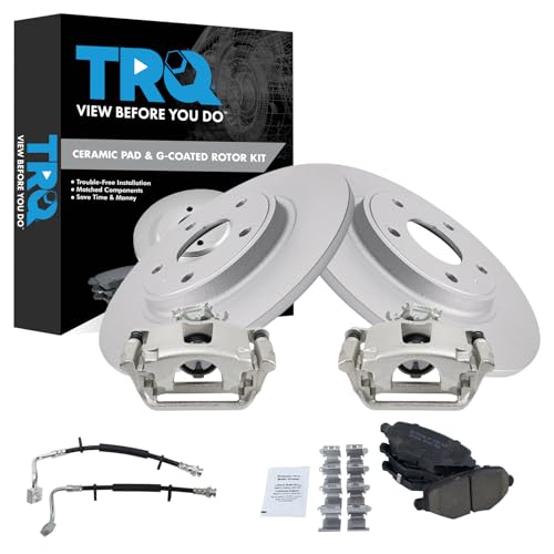 TRQ Rear Brake Pad and Rotor Set Ceramic Rotors Calipers Hoses Compatible with 2009-2010 Toyota Matrix 2012 Matrix