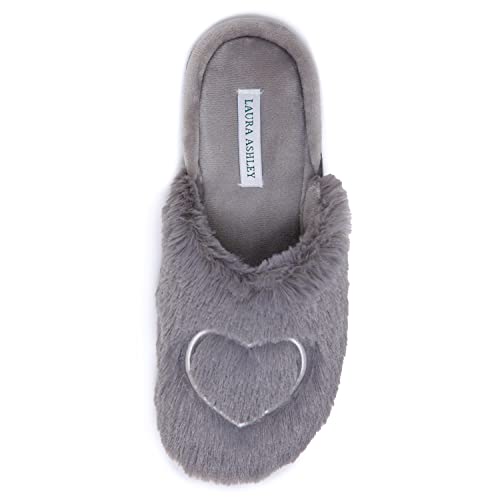 Laura Ashley Womens House Slippers, Hard Soled Faux Fur Lined Clogs for Women, Fuzzy Heart Indoor/Outdoor Women's House Shoes