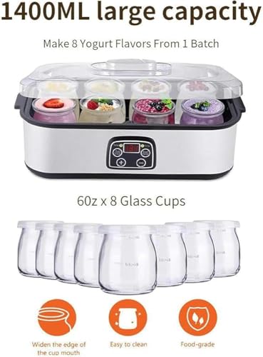 Image of Yoguhrt Maker with Adjustable Temperature & Time Control, 8 Glass Jars, 1400ml Capacity, Automatic Digital Yogurt Machine, Easy Cleaning, Multifunctional Home Yogurt Machine