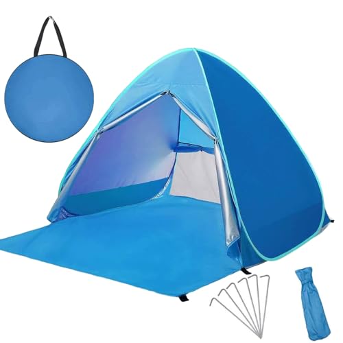 Pop Up Beach Tent 2-3 Person, Foldable Outdoor Beach Tent, Portable Sun Shelter Tent, UPF 50+ Lightweight Instant Automatic Cabana Canopy with Carry Bag for Family Beach Picnic (Blue with Curtain)