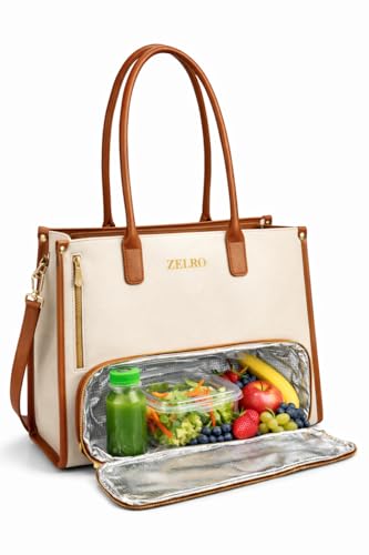 ZELRO Stylish Women's Tote Bag for Woman with Insulated Lunch Compartment | Lunch Bag for Office, Travel | Fits 15.6 Inch Laptop Bags for Women Office Use | Water Resistant