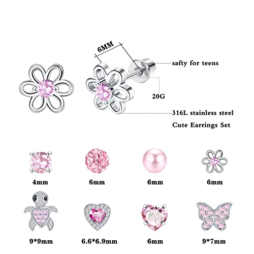 Helicopchain 8 Pairs Hypoallergenic Screwback Earrings Studs For Women Teens 316L Stainless Steel Cz Heart Screw Back Earring Studs Flower Multicolored Butterfly Stud Earrings Set #TOP1
