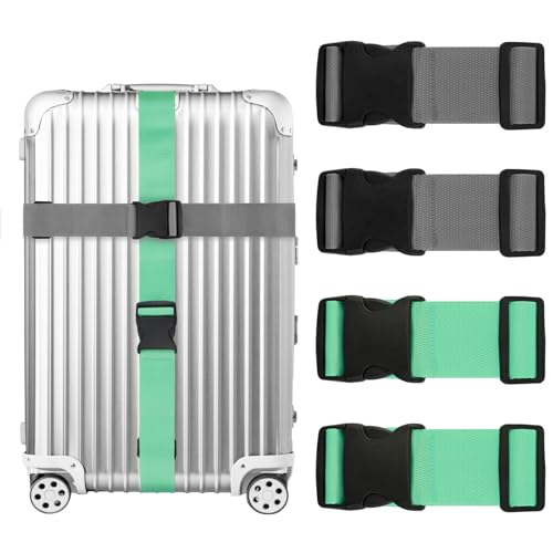 4 Pack Luggage Straps for suitcases-4 pcs Extra Long Suitcase Straps TSA Approved Luggage Belt with Buckle, Adjustable Travel Belt for Luggage for 20'' - 32'' Suitcases (Mint Green and Grey)