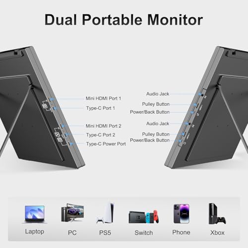 Image of Dual Portable Monitor, 18.5 inch 1080P FHD IPS Folding Stacked Triple Laptop Screen Extender, USB-C Plug & Play Travel Extended Computer Display for Laptop PC Windows Mac w /Stand & VESA Mountable