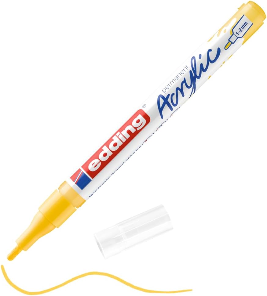 edding 5300 acrylic marker fine - yellow - 1 waterproof acrylic paint marker - fine round nib 1-2mm - acrylic paint pen for drawing on canvas, art paper and wood - acrylic markers for pebbles