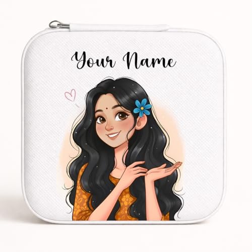Image of PRIMIT Personalized Jewelry Box with Name & Birth Flower - Custom Travel Jewelry Organizer Case - Bridesmaid, Birthday, Christmas Gift for Women & Girls (Smiley White Girl)