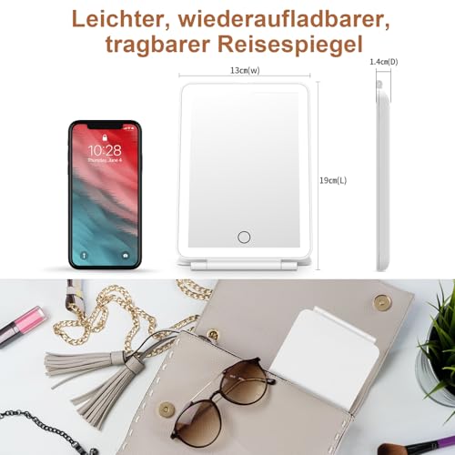 FASCINATE Kosmetikspiegel mit Beleuchtung, Wiederaufladbarer Tragbarer Reisespiegel mit 3 Lichtfarben, Vergrößerungsspiegel mit Licht Helligkeit einstellbar, Ideal für Reisen, LED Schminkspiegel
