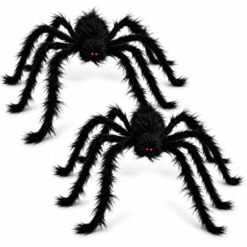 Halloween Black Spider Decorations 2 Pack Red Eyes Fuzzy Posable Legs