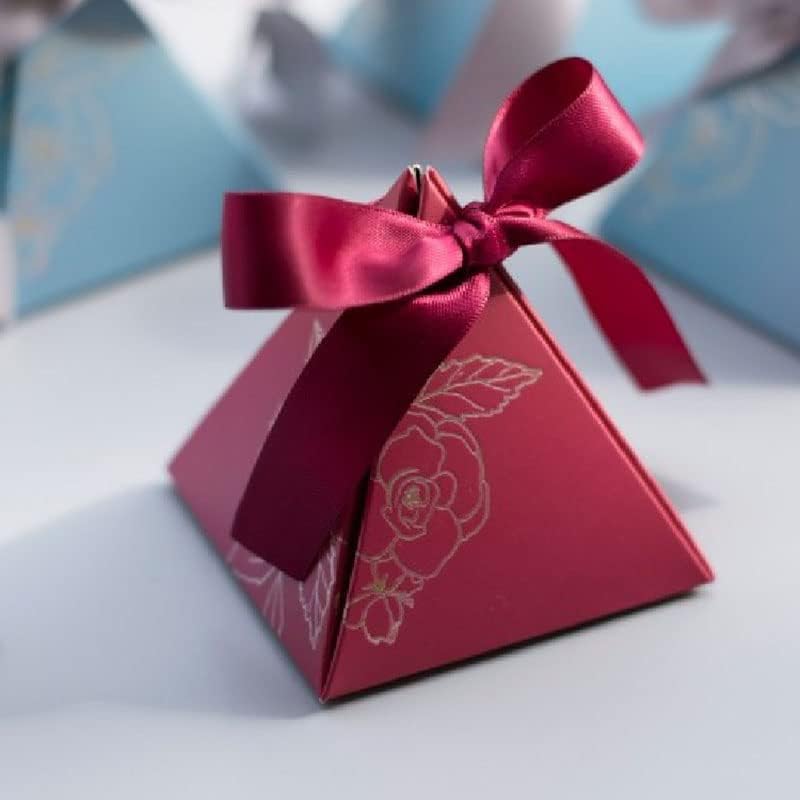 New Triangular Pyramid Candy Box Wedding Rose Paper Gifts Boxes with Card & Ribbon Candy Bags for Guests Chocolate Packaging Box (Blue,100pcs)