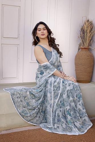 Image of MIRCHI FASHION Saree for Woman Georgette Floral and Leaf Printed | Elegant Farewell and Ceremonial Women's Sari with Blouse Piece