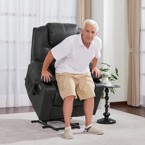 Image of MCombo Electric Power Lift Recliner Chair Sofa with Massage and Heat for Elderly, 3 Positions, 2 Side Pockets, and Cup Holders, USB Ports, Faux Leather 7040 (Grey, Medium)