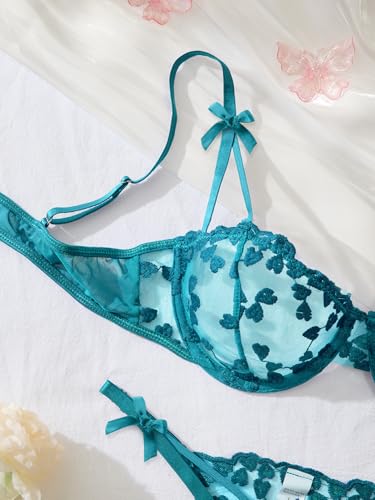 Image of Lilosy Sexy Underwire Cute Push Up Strappy Embroidered Mesh Sheer Lingerie Set See Through Panty Bra