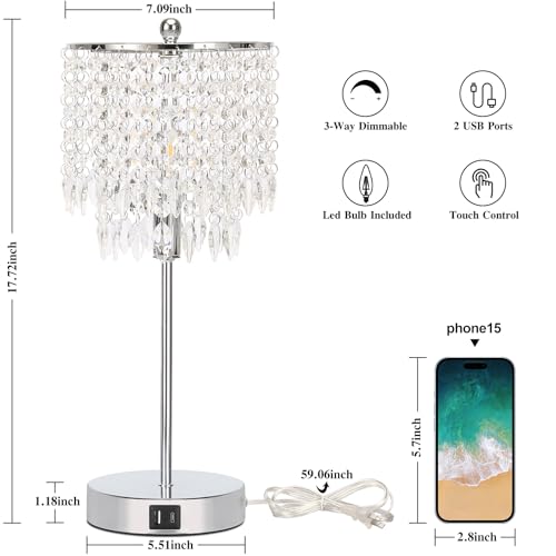 Boncoo Crystal Table Lamp Set of 2 Touch Control, Crystal Lamps with USB Ports Elegant Shade Bedside Lamp Silver, Dimmable Touch Table Lamp for Nightstand Bedroom Living Room, 4W LED Bulb Included