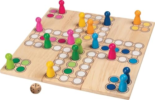 goki 56914 Brettspiel Ludo aus massivem Holz, 24 × 24 cm – Variables Spielfeld für 2 bis 4 Spieler, inkl. 16 Figuren & Würfel