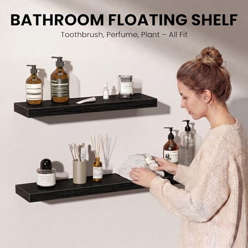 Image of Fun Memories Floating Shelves for Wall, 9.3 Inch Set of 4 Rustic Wood Wall Shelves with Invisible Brackets, Heavy Duty Storage Display for Bathroom Bedroom Living Room Kitchen, Black