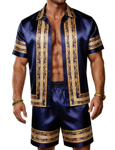 ZSJR Mens Satin Hawaiian Outfits Track Suits 2 Piece Set Button Down Shirt African Camisas Hawaianas Para Hombre Clothing Cheap Clothes Navy Blue Rompers GTA Vice City Shirt Luxury Shirts for Men