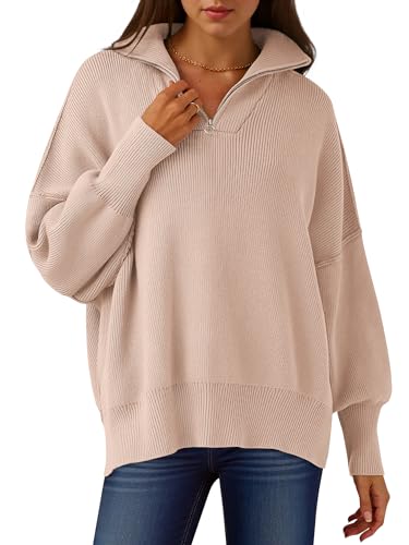 Image of ANRABESS Womens Oversized Quarter Zip Pullover Sweaters | Fall Fashion Outfits, Long Sleeve Slit Side, Baggy Loose Fit, 1 /4 Zip Lapel Collared, Ribbed Knit Soft Warm Winter Clothing