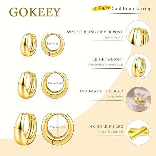Small Gold Hoop Earrings Set for Women,14K Gold Plated Hypoallergenic Lightweight Thick Chunky Gold Hoops Huggie Earrings for Women Trendy Jewelry4