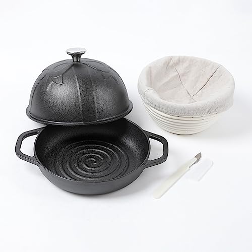 HAWOK Cast Iron Bread Cloche, Dia. 7.8inch/20cm, 0.95qt, with Proofing Basket and Dough Scoring Knife, Sourdough Baking Pan Pre-seasoned Black