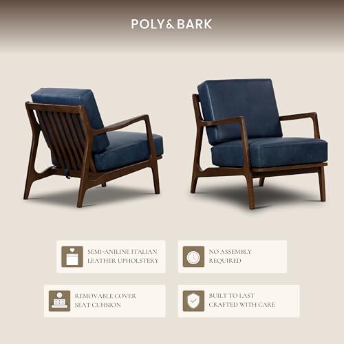 Image of Poly & BARK Verity Leather Accent Chair - Armchair with Walnut Wood Frame - Fashion-Forward Lounge Seating for Living Room - Upholstered in Midnight Blue Leather for Modern Style