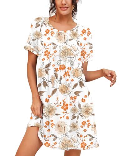 Image of PrinStory Nightgowns for Women Short Sleeve Night Gowns Pleated Sleep Shirt Ladies Nightshirt Soft Sleepwear