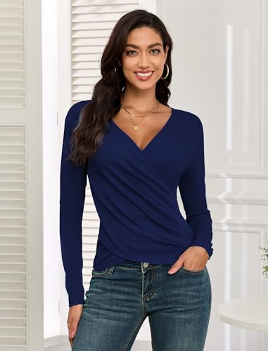 TAIPOVE Women's Long Sleeve Deep V Neck Ribbed Shirt Wrap Ruched Sexy Going Out Tops Slim Fit Trendy Fall Winter Outfits2