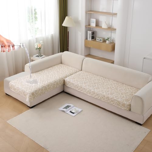 Image of HOKIPO 'Elira Series' Printed Water Repellent + Waterproof Quick Dry L Shape (3+2 Seater) Sofa Seat Cover Mat, Beige Abstract Geometry (AR-5249-C3 + AR-5246-C3)