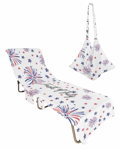 4th of July Beach Lounge Chair Towel Cover, Soft Chaise Lounge Towel with Side Pockets Patio Pool Chairs Cover for Beach/Pool Sunbathing 29x85 Blue Red Star Fireworks Independence Day