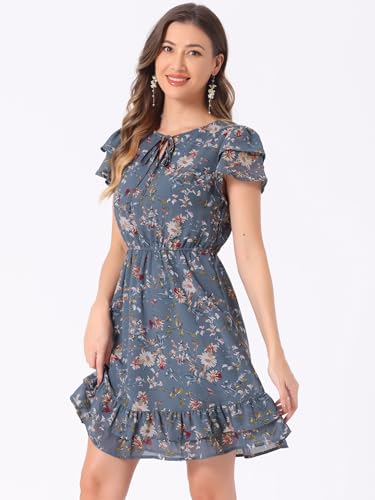 Image of Allegra K Women's Ruffle Sleeve Self-Tie V Neck Flowy Ruffled A-Line Floral Chiffon Dress