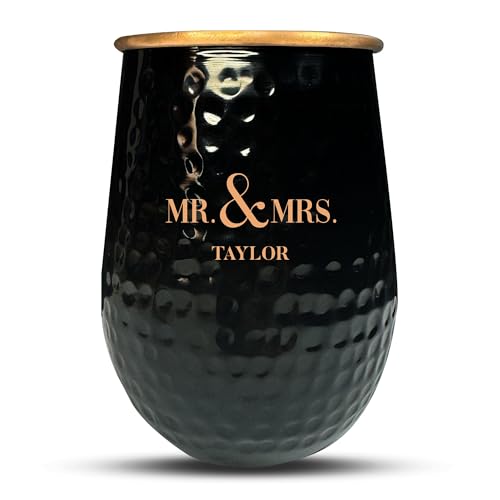 Custom The Grip Mule Pure Copper Moscow Mule Mug with Personalized Mr and Mrs Monogram Theme Engraving for the Palm of Your Hand | Cold Drinks Only | No Handle | 1 Cup | 18 Oz | Black