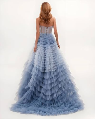 Women's Tulle Prom Dresses Sweet 16 Ball Gown Strapless Ruched Bodice Tiered Evening Dress with Gradient Color Ruffles4